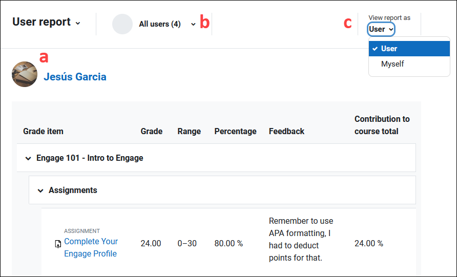 Viewing Student Grades in the User Report in Engage