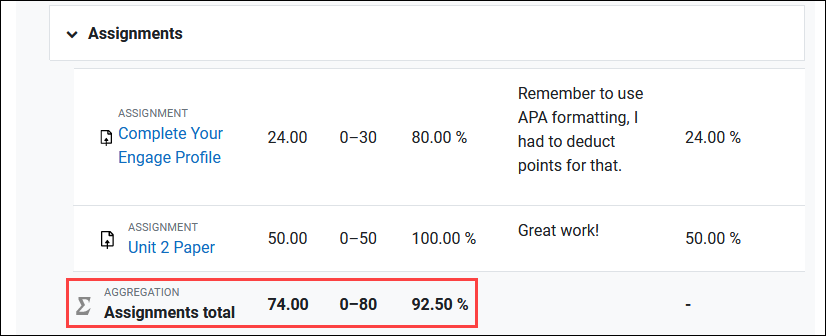 Viewing Student Grades in the User Report in Engage